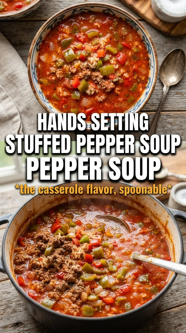 Stuffed Pepper Soup hearty tomato broth, cheesy, one-pot