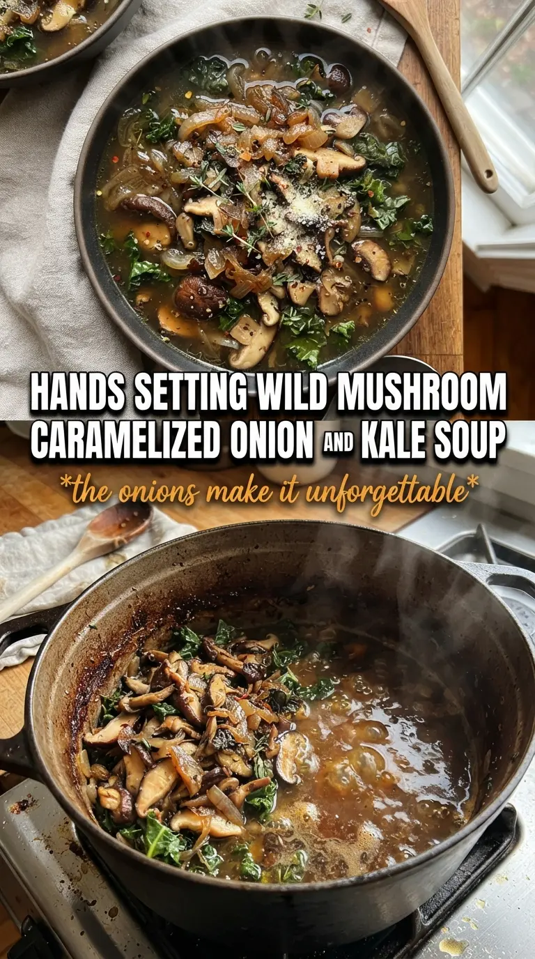 Wild Mushroom Caramelized Onion and Kale Soup, earthy, savory, rustic
