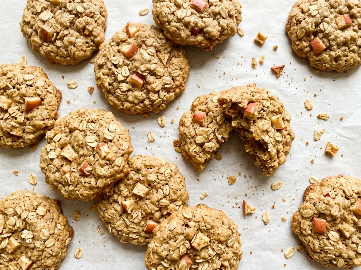 Apple Cinnamon Oatmeal Cookies with golden edges and diced apple