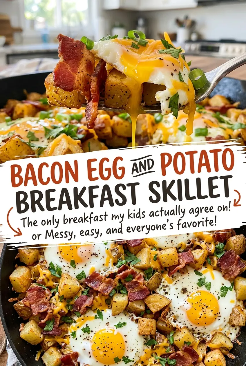 Bacon egg and potato breakfast skillet with softened peppers and set eggs