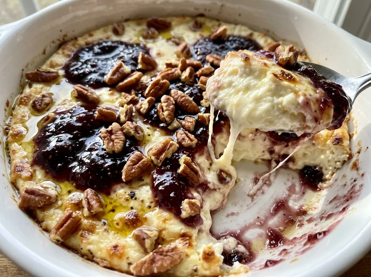 Baked Feta Dip with Fig Jam and Pecans creamy bubbling