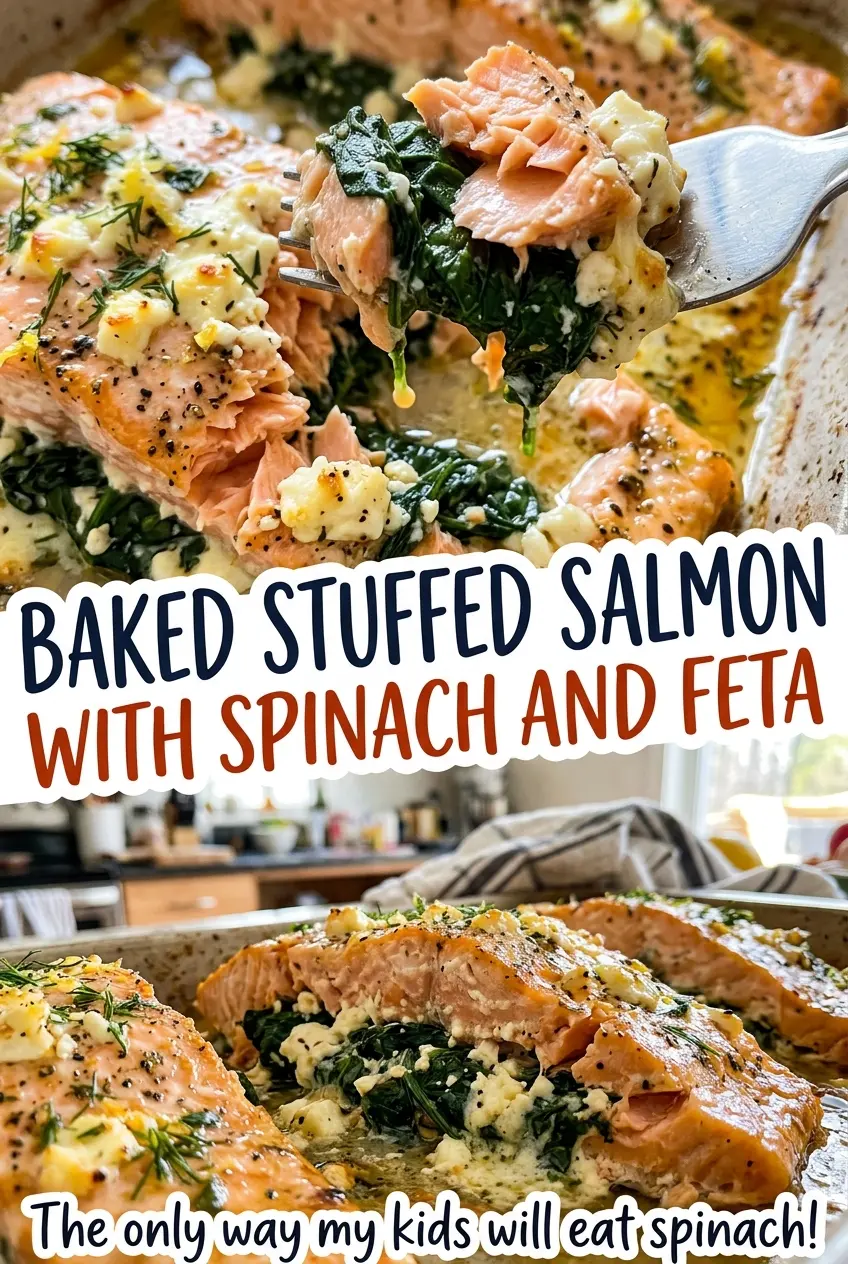 Baked stuffed salmon with spinach and feta, tender flaky fillets