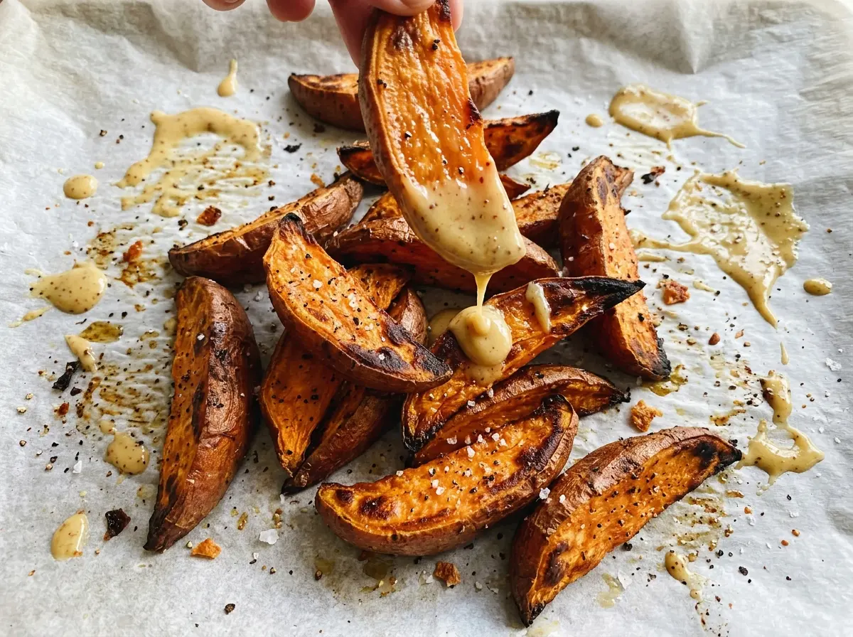 Baked sweet potato wedges with honey mustard golden browned