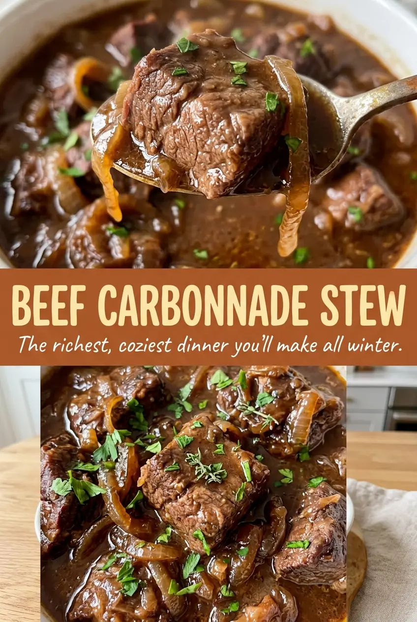 Beef Carbonnade Stew, deep golden onions