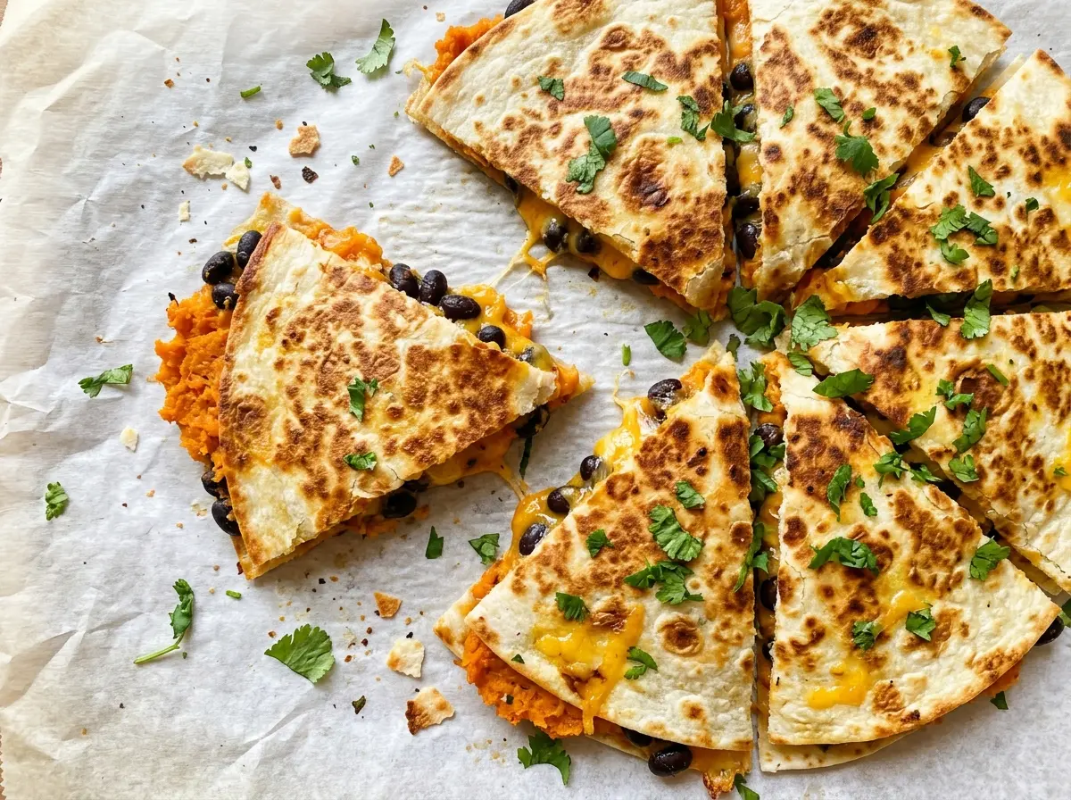 Black Bean Sweet Potato Quesadillas with golden crisp tortillas
