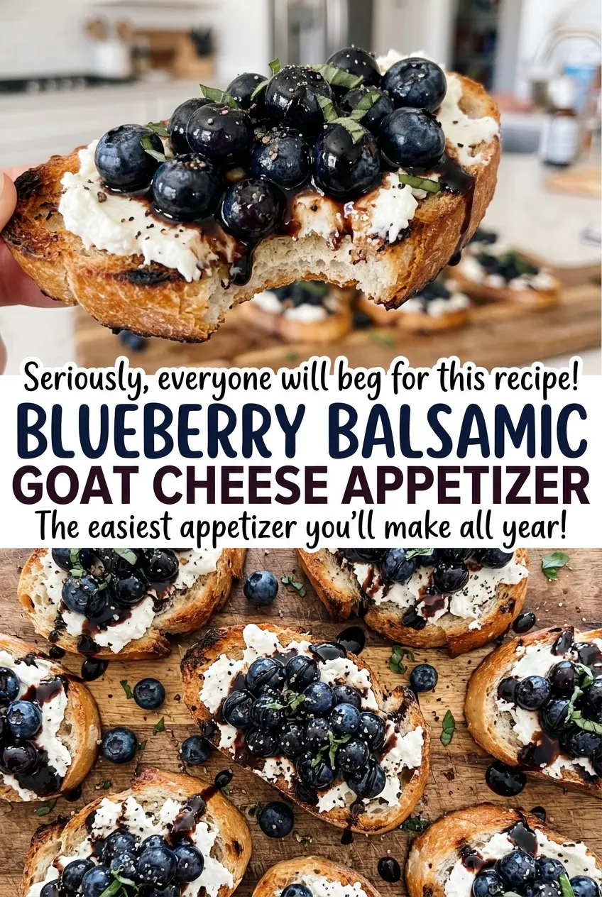 Blueberry balsamic goat cheese appetizer with warm, glossy topping