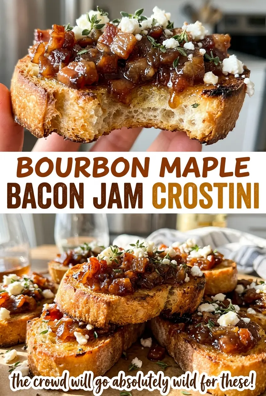 Bourbon Maple Bacon Jam Crostini with golden toasted baguette