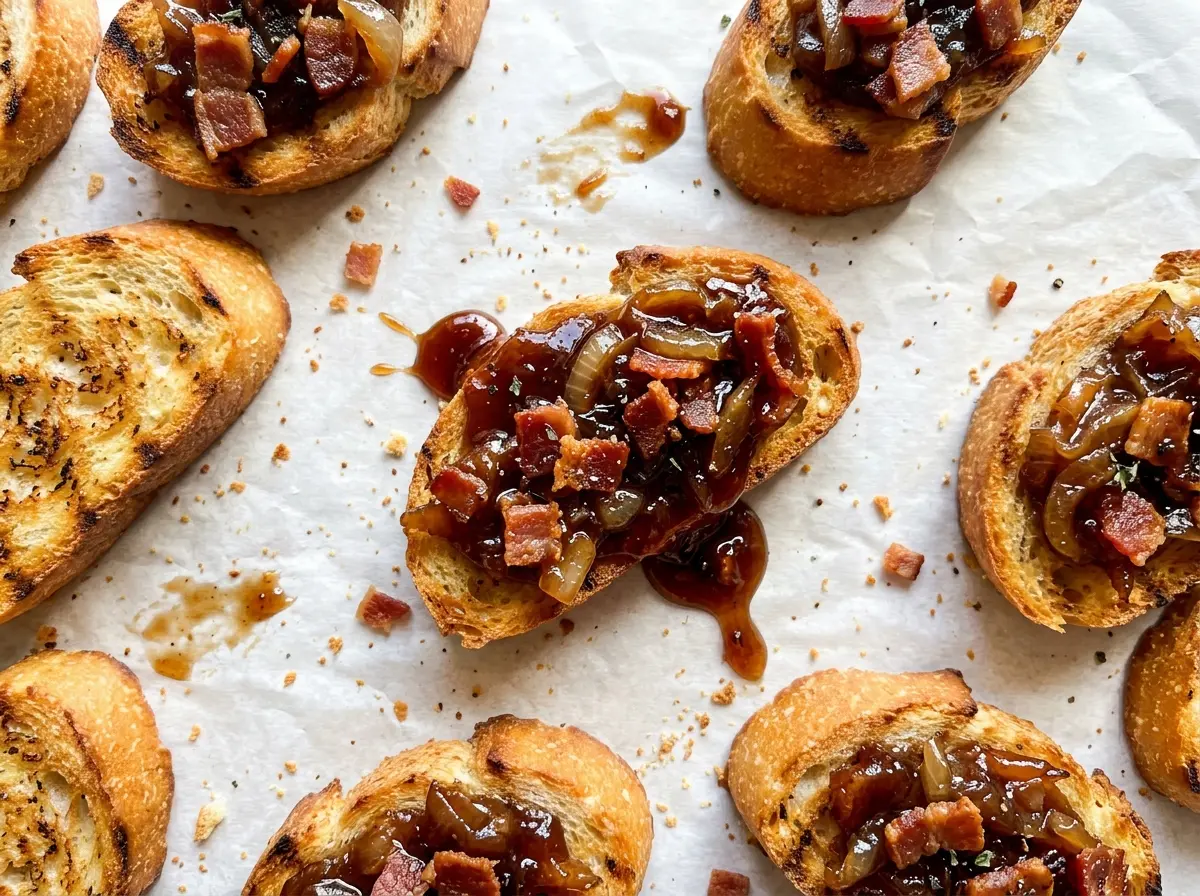 Bourbon Maple Bacon Jam Crostini with glossy bacon topping