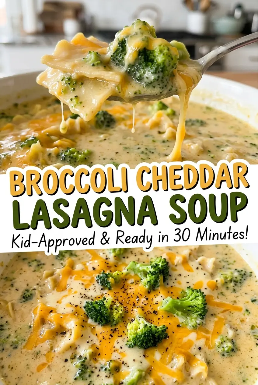 Broccoli Cheddar Lasagna Soup cheesy, tender noodles