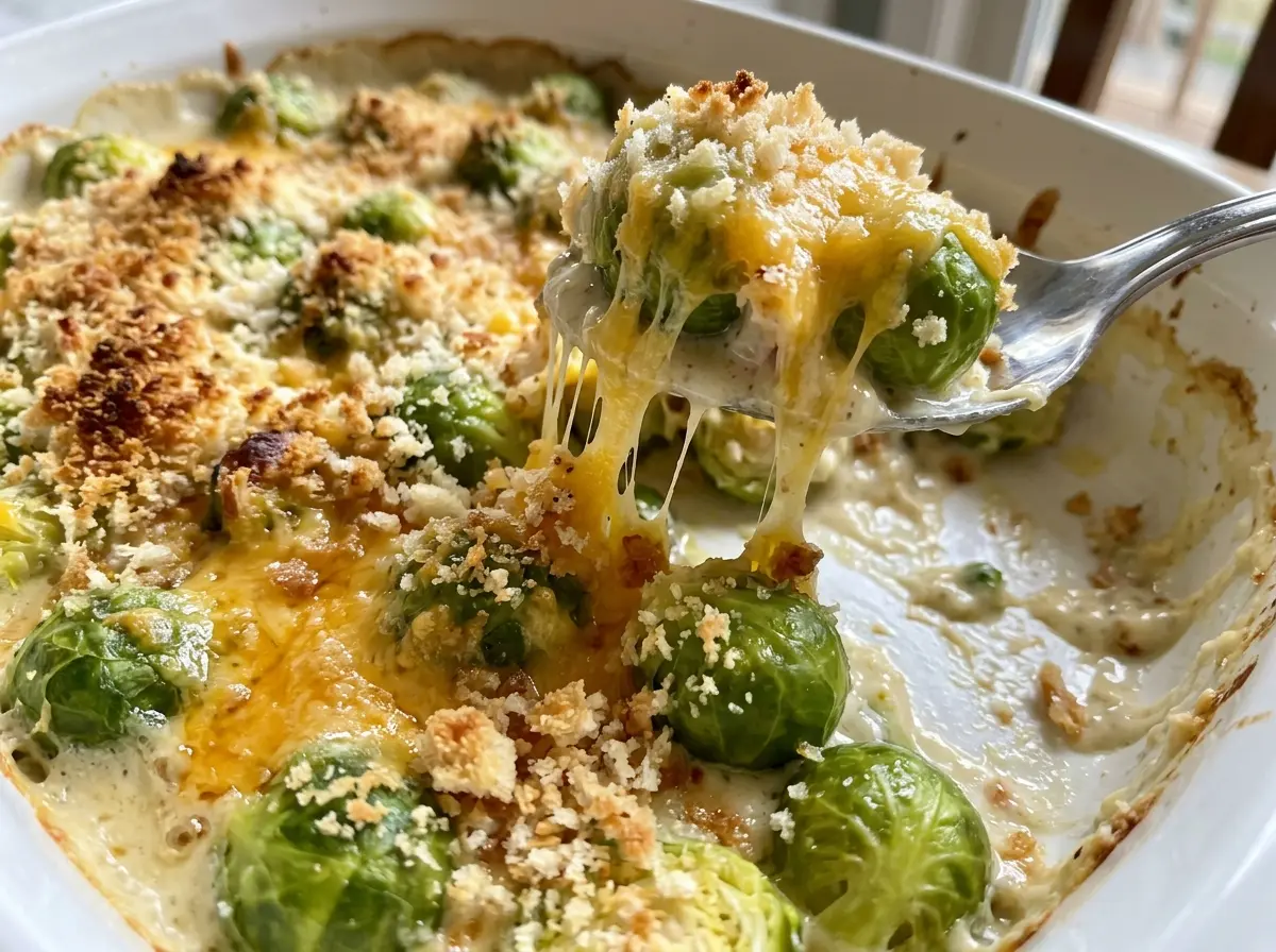 Brussels Sprouts Casserole golden cheesy crust