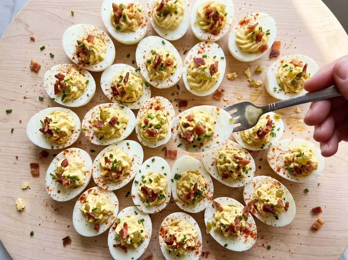 Build Your Own Deviled Egg Board with colorful savory toppings