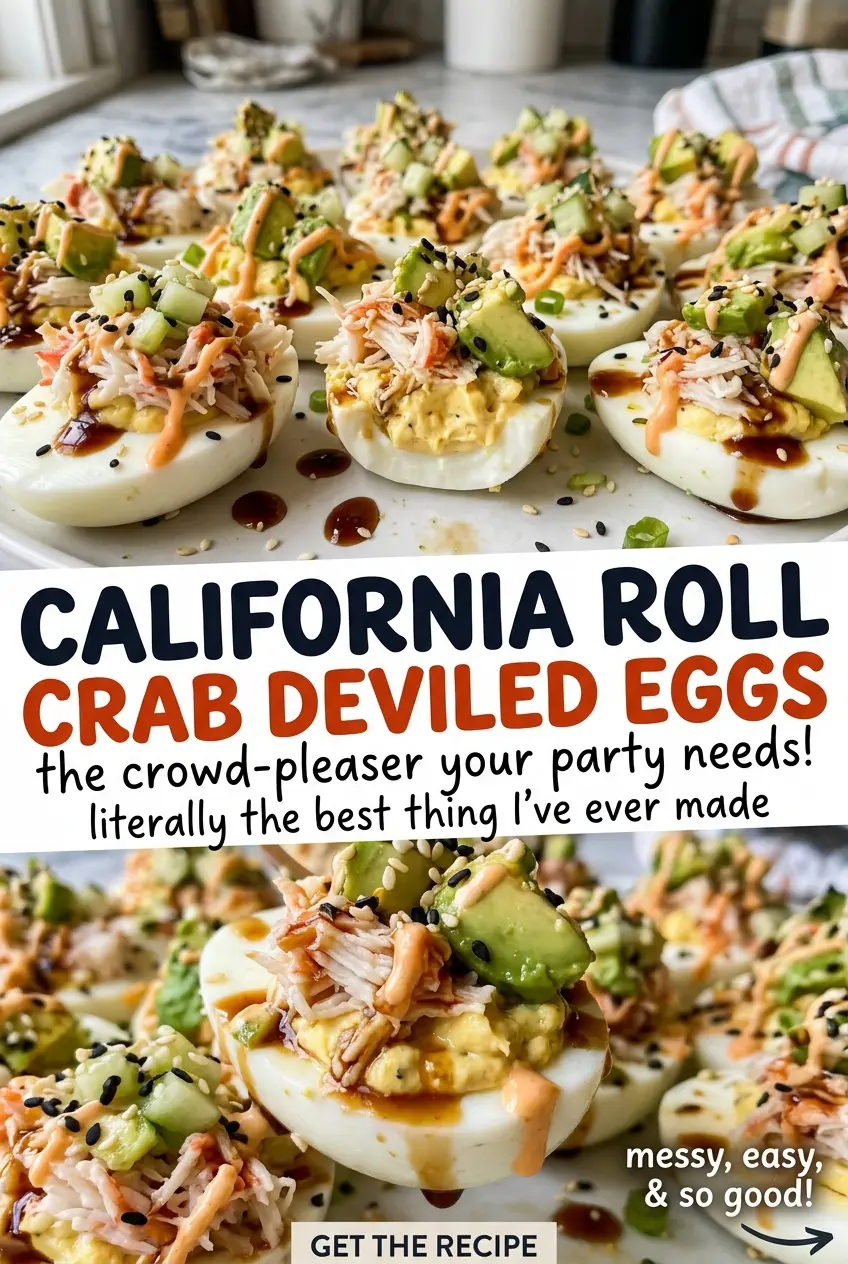 California Roll Crab Deviled Eggs with cucumber crab topping