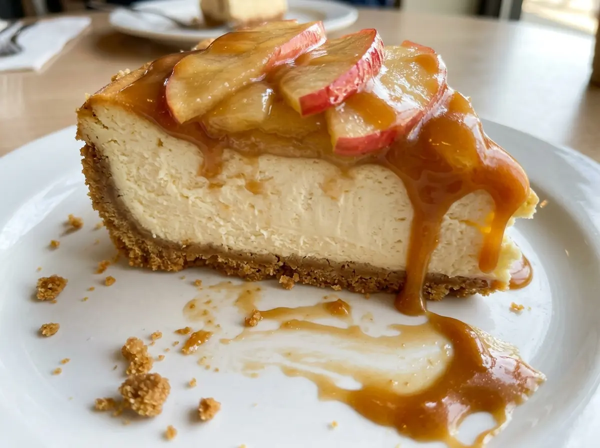 Caramel Apple Cheesecake with glossy cinnamon apples