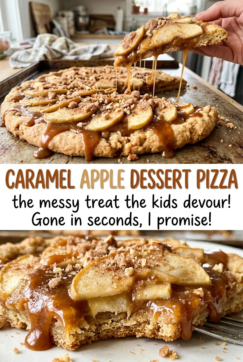 Caramel apple dessert pizza with golden crust