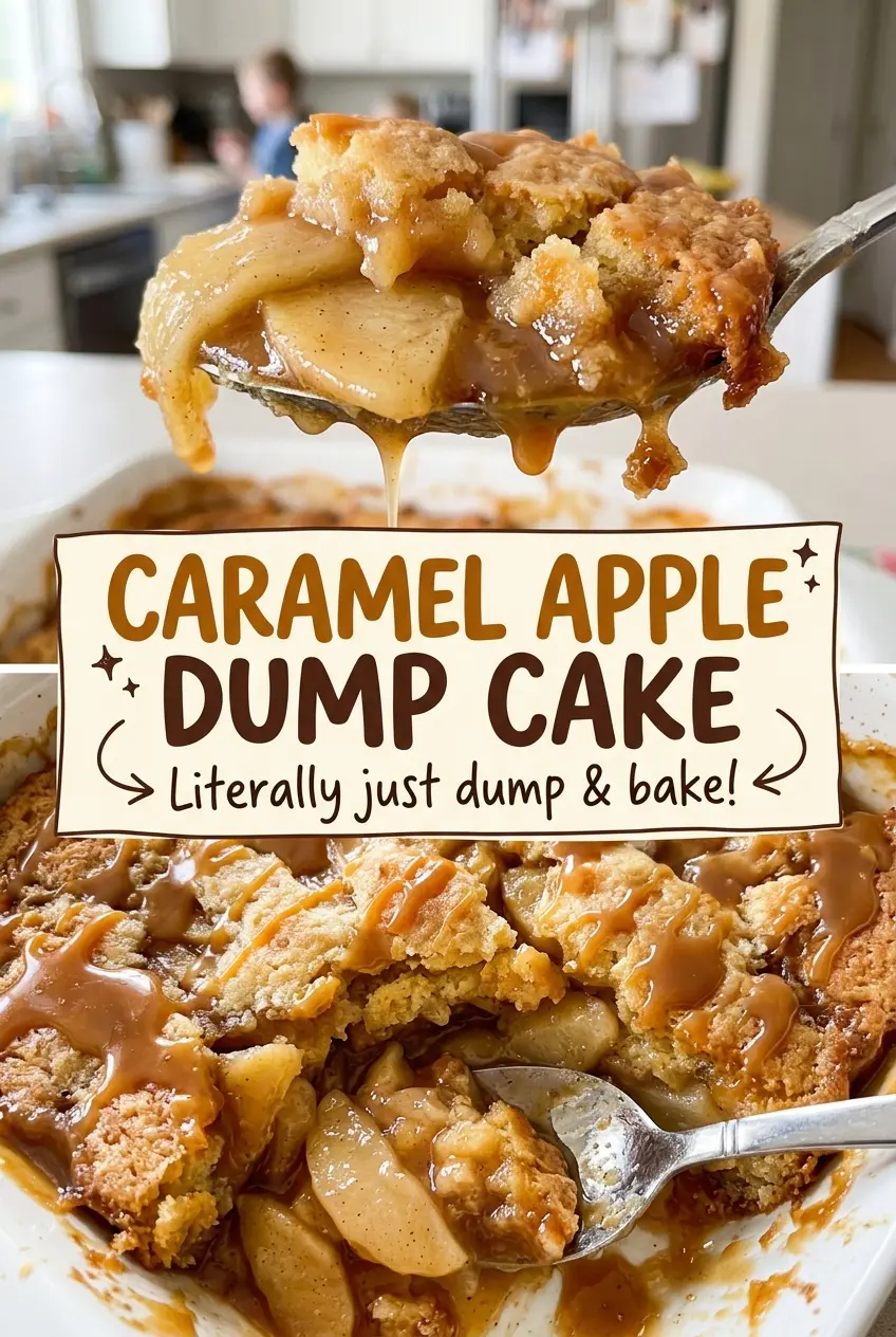 Caramel Apple Dump Cake with bubbling cinnamon apples