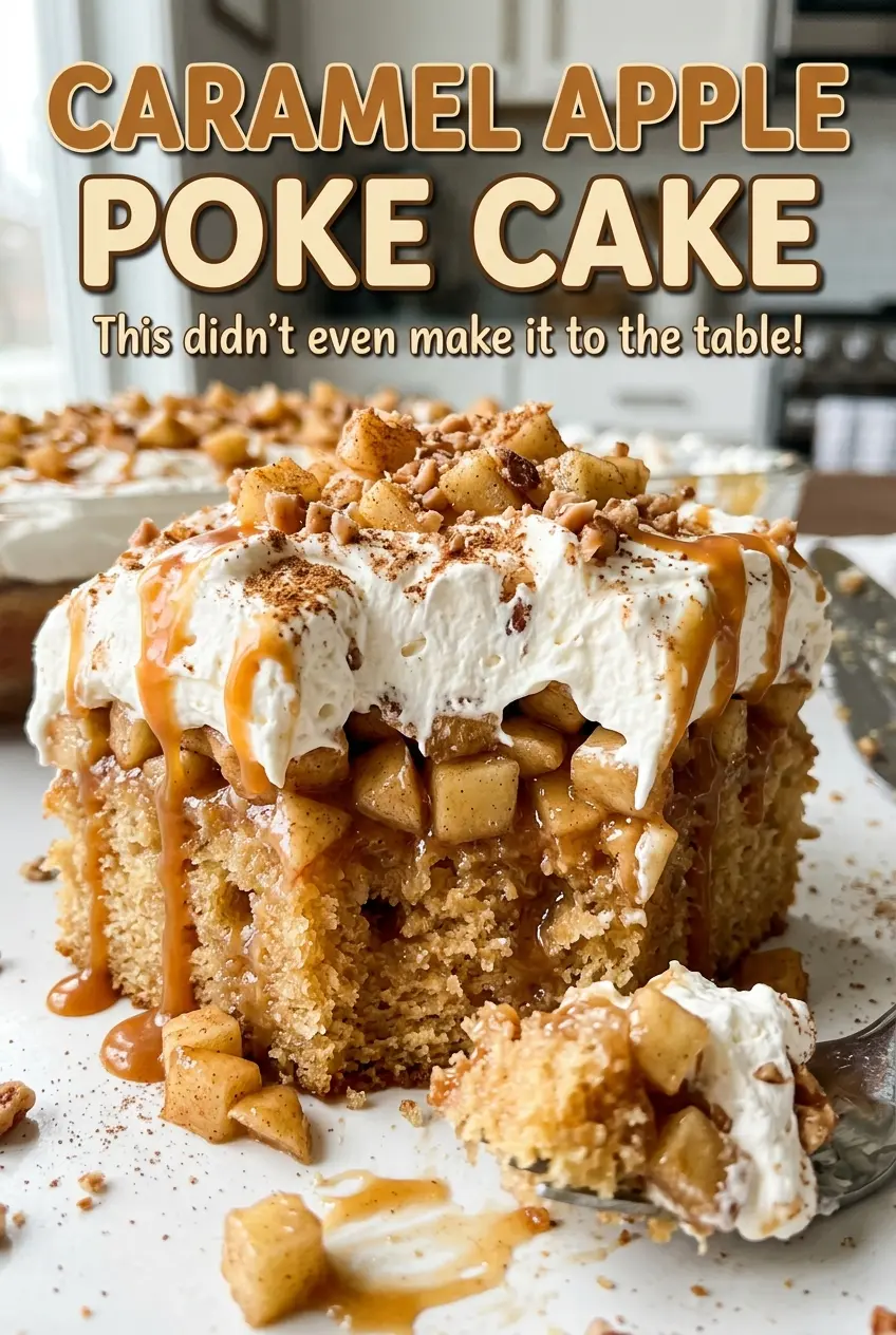 Caramel Apple Poke Cake, caramel-drizzled squares