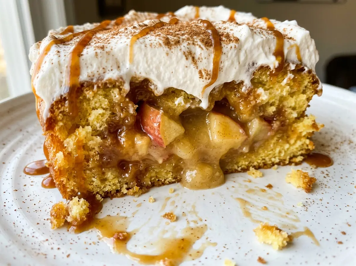 Caramel Apple Poke Cake, chilled and layered