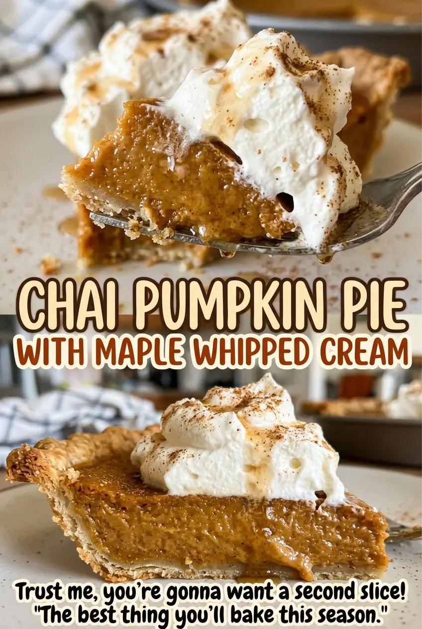 Chai pumpkin pie with maple whipped cream, warmly spiced slices