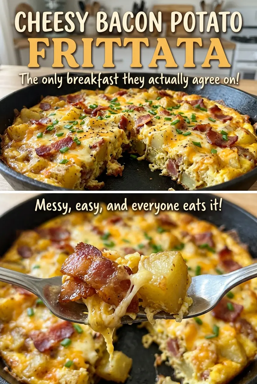 Cheesy Bacon Potato Frittata with crisp bacon cheddar top