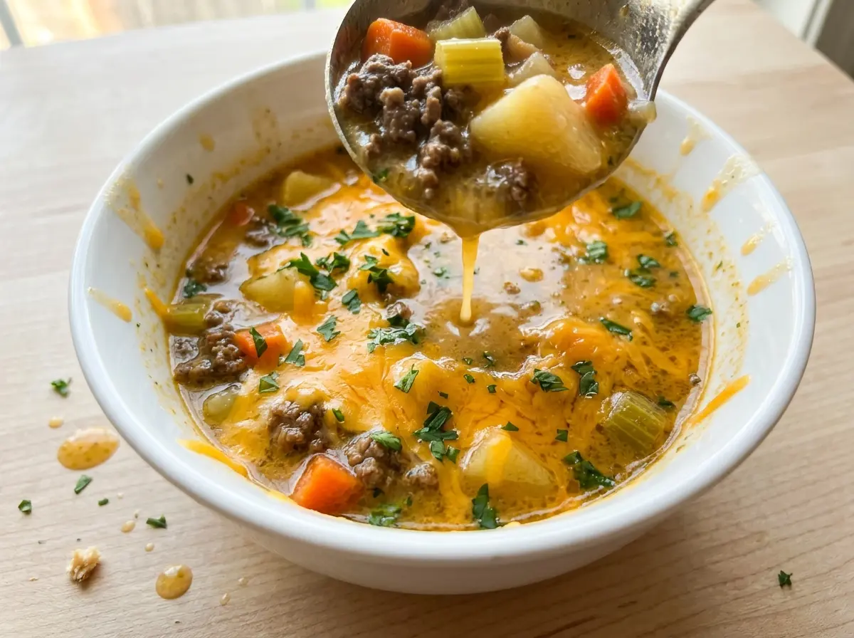 Cheesy Beef And Potato Soup creamy hearty bowl