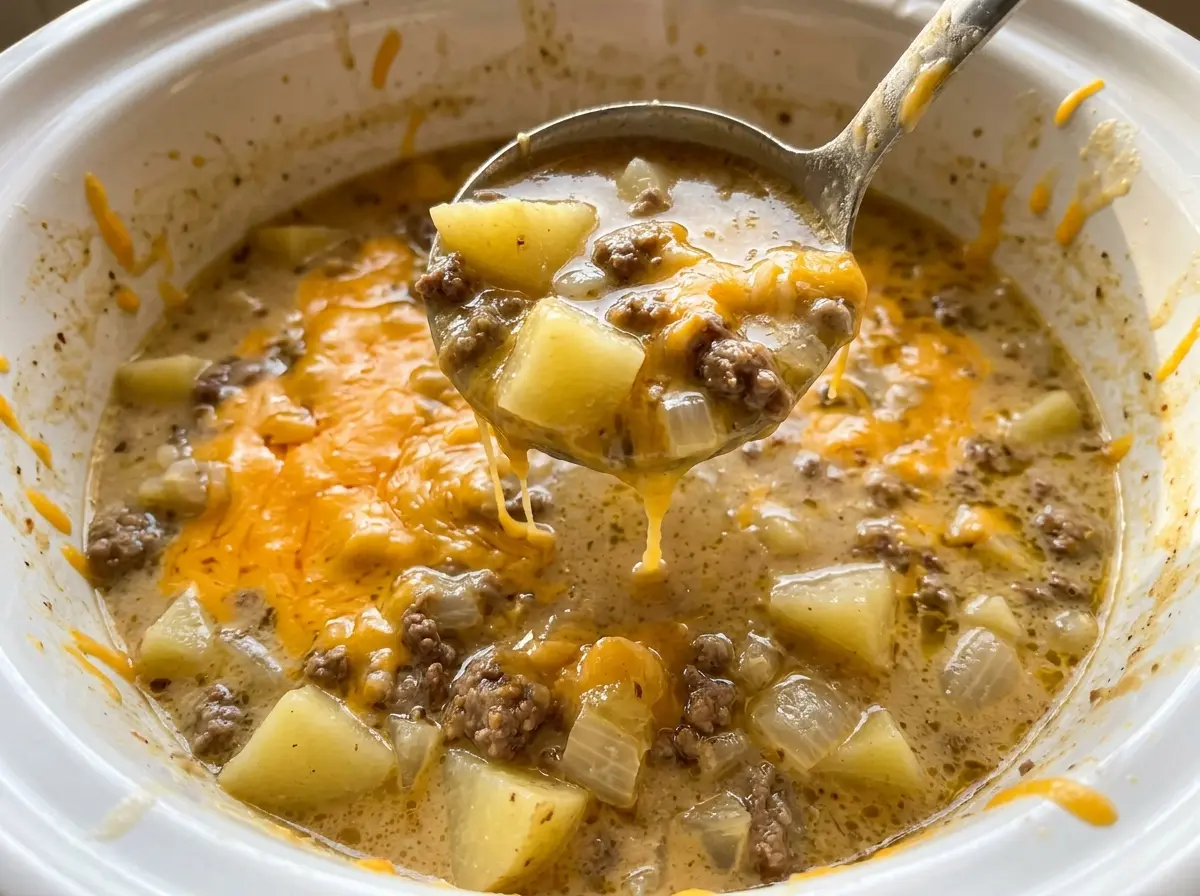 Cheesy Crock Pot Hamburger Potato Soup creamy cheddar bowl