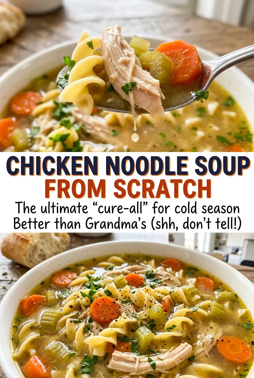 Chicken noodle soup from scratch, hearty homemade bowl