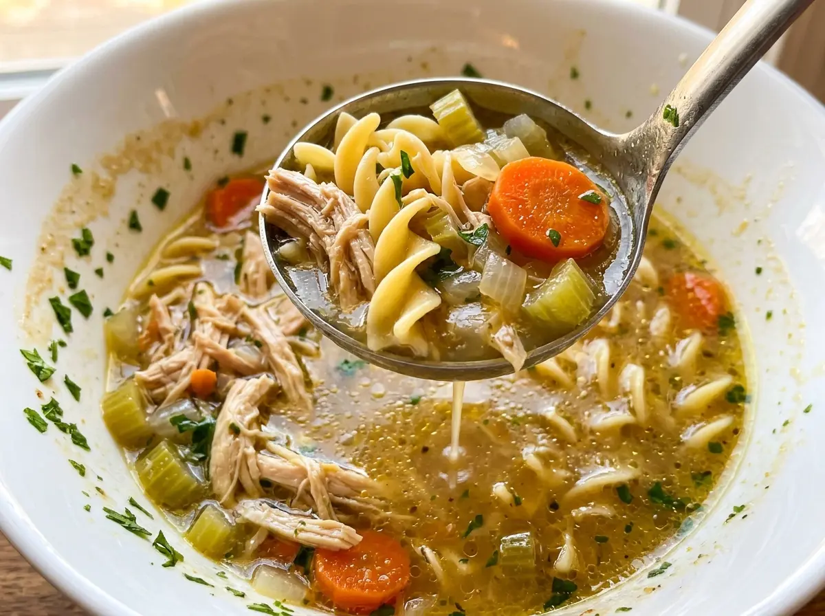 Chicken noodle soup from scratch, clear golden broth