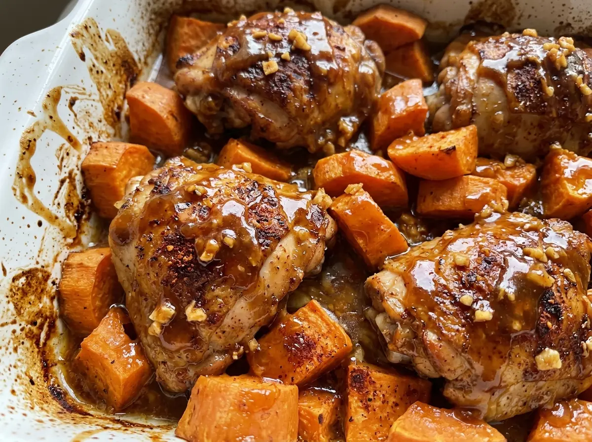 Chili Brown Sugar Chicken and Sweet Potatoes with tender, browned edges