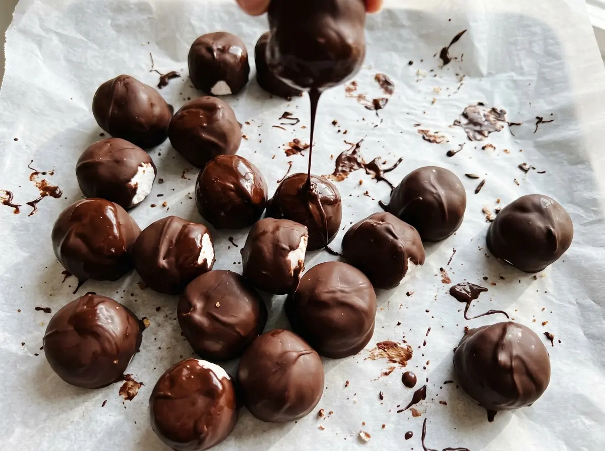 Chocolate covered marshmallows with glossy, smooth shells