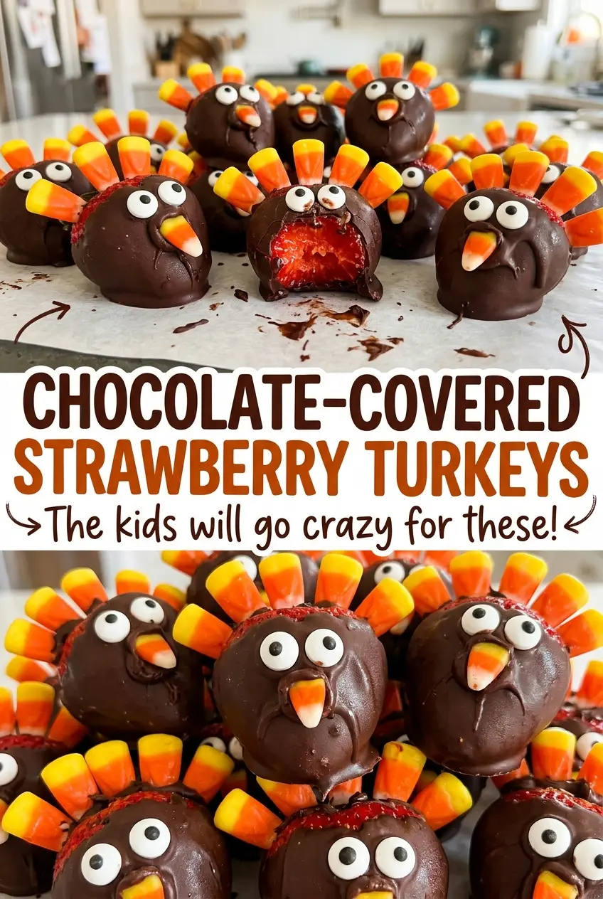 Chocolate Covered Strawberry Turkeys with candy eyes and pretzel legs