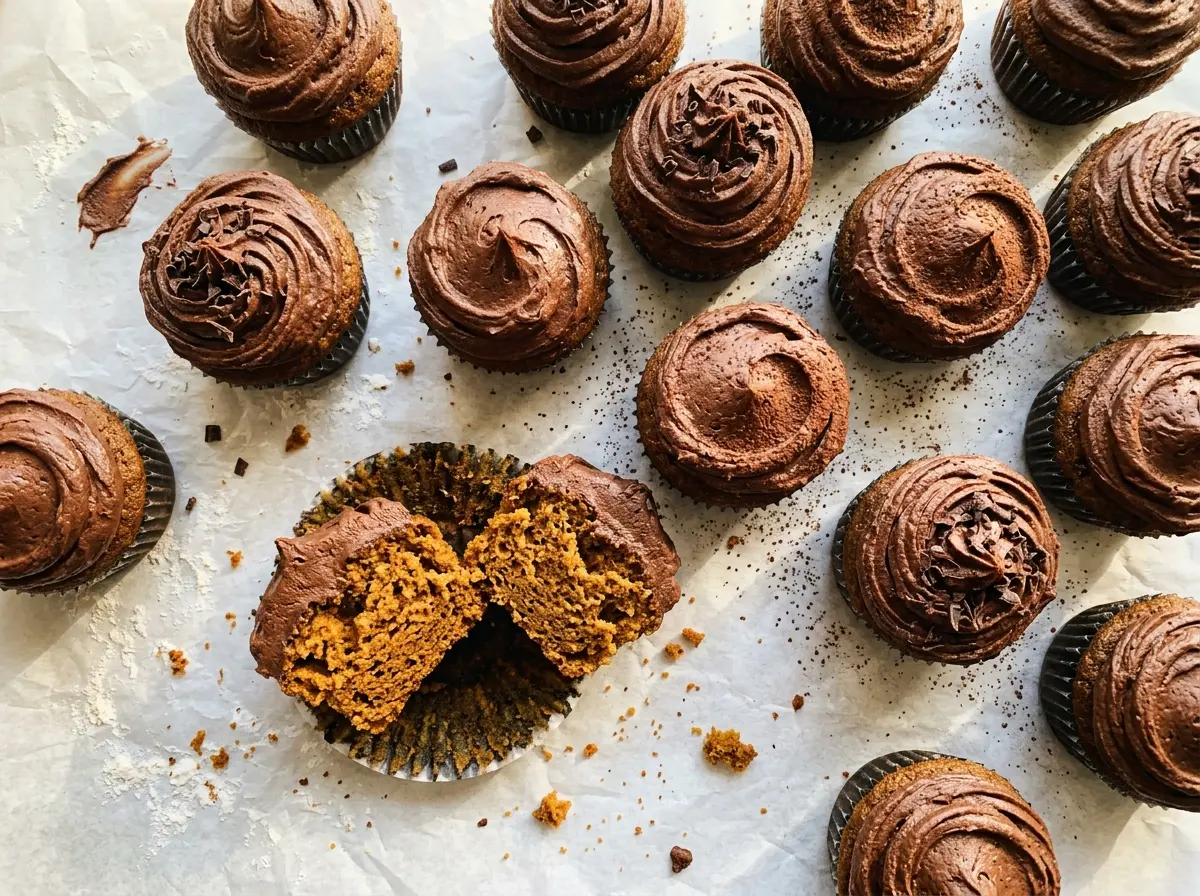 Chocolate Pumpkin Cupcakes moist chocolate crumb