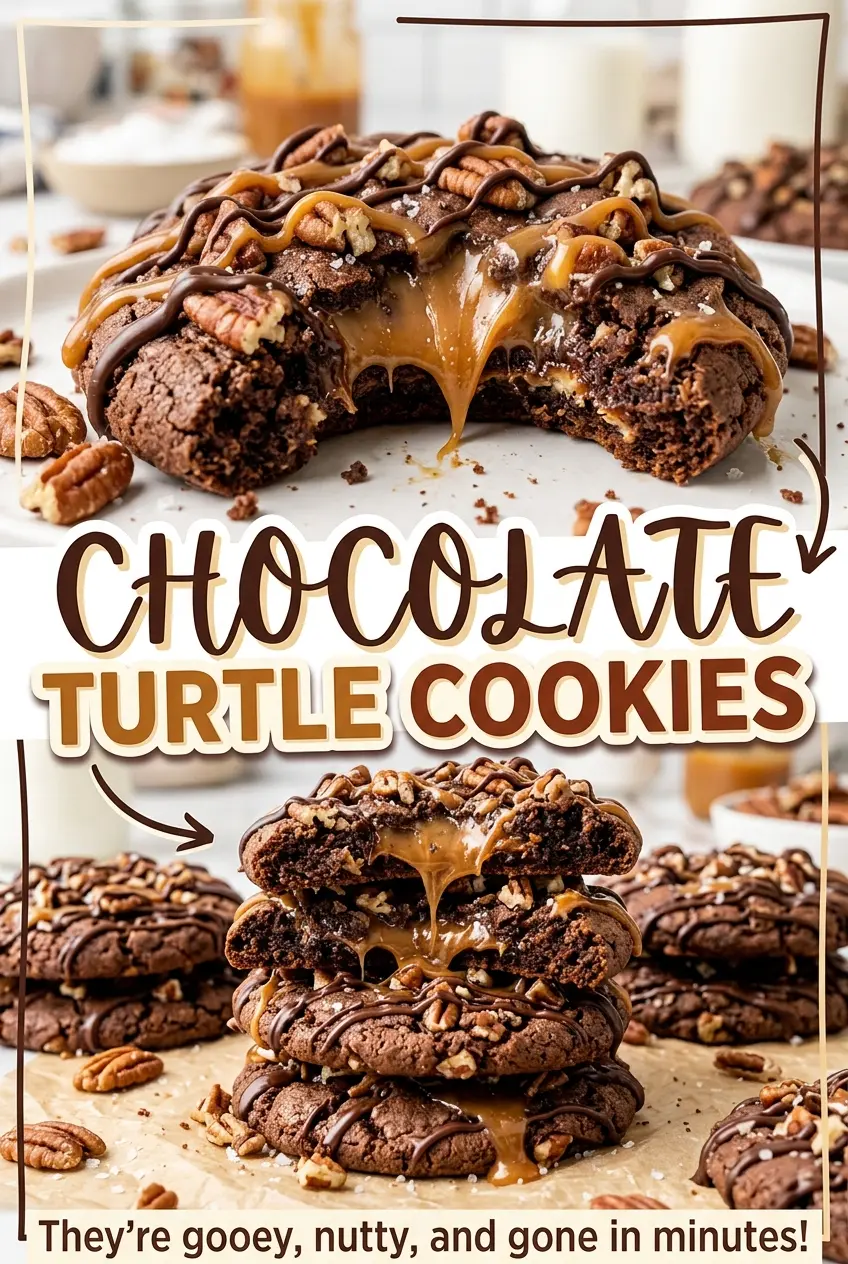 Chocolate Turtle Cookies with pecan crust and chocolate drizzle