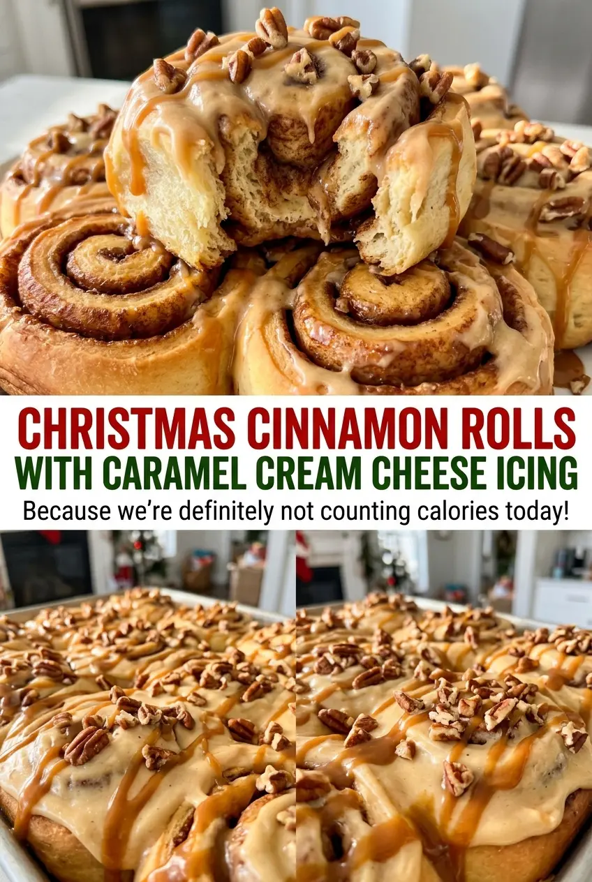 Christmas cinnamon rolls with caramel cream cheese icing, soft cinnamon spirals