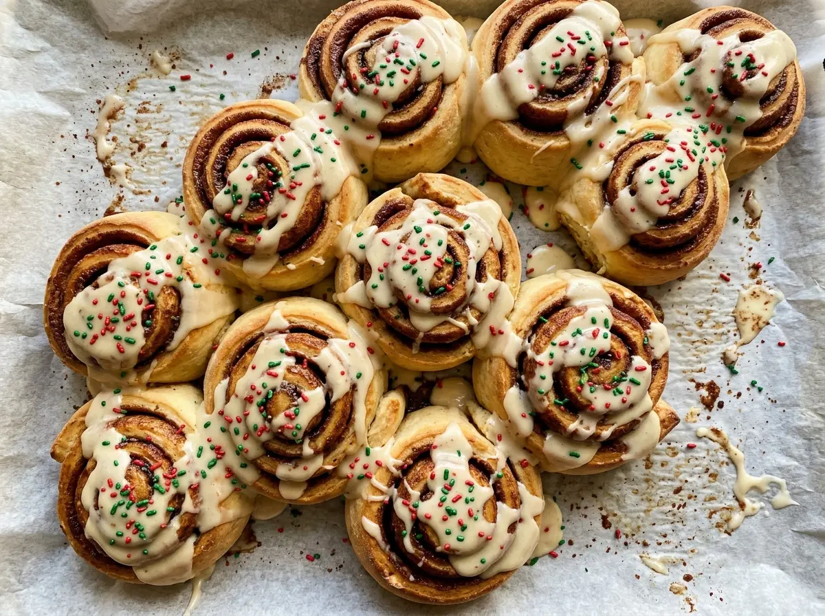Christmas cinnamon rolls with caramel cream cheese icing, golden swirls