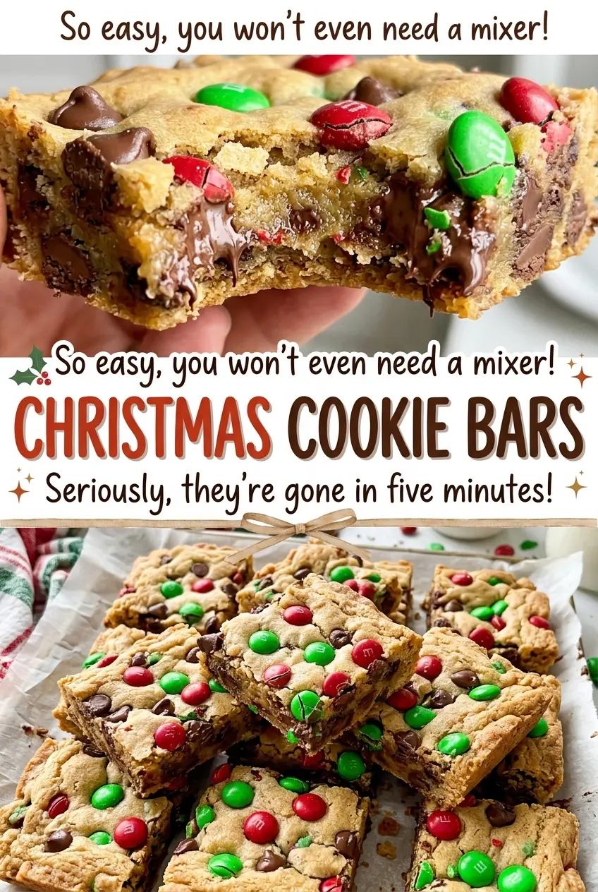 Christmas Cookie Bars golden edges and candy topping