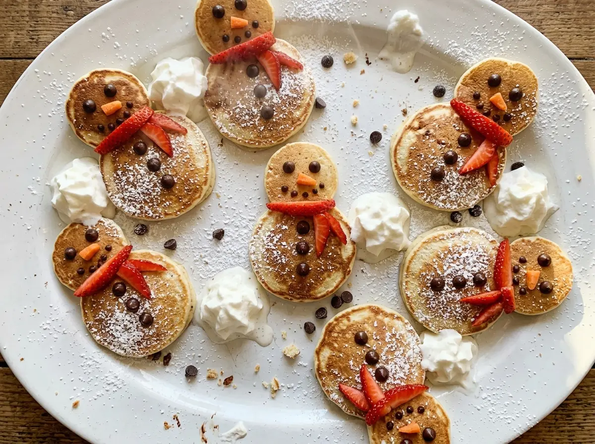 Christmas Snowman Pancakes golden stacked snowmen