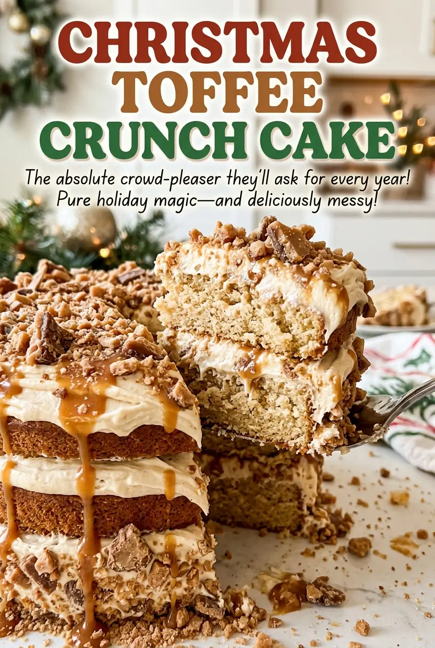 Christmas Toffee Crunch Cake with frosted toffee topping