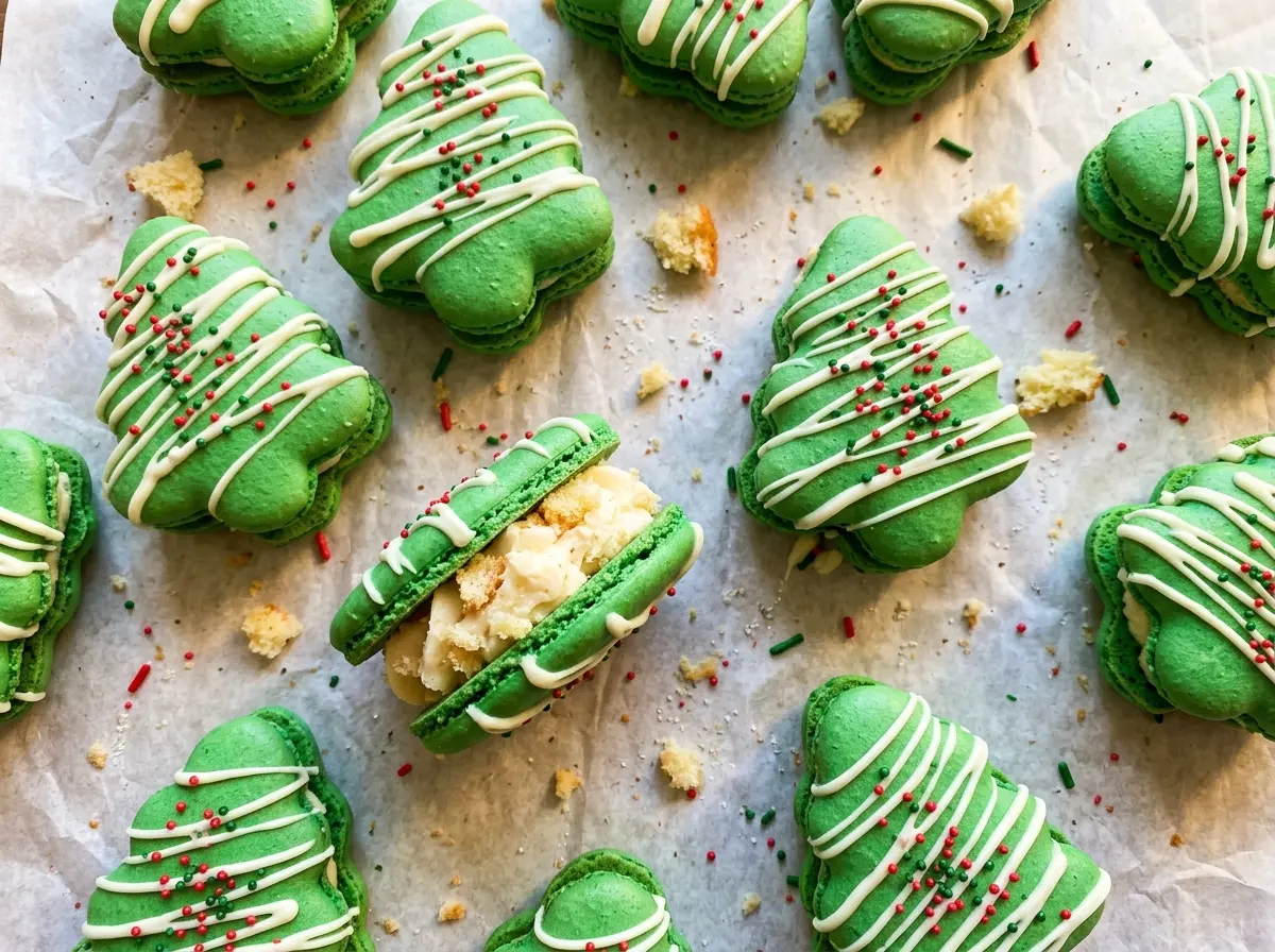 Christmas Tree Cake Macarons with green shells