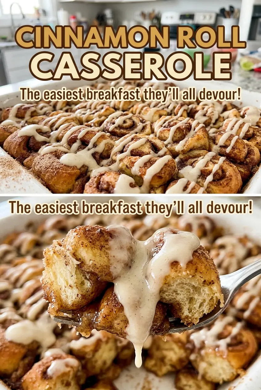 Cinnamon Roll Casserole icing-drizzled breakfast bake