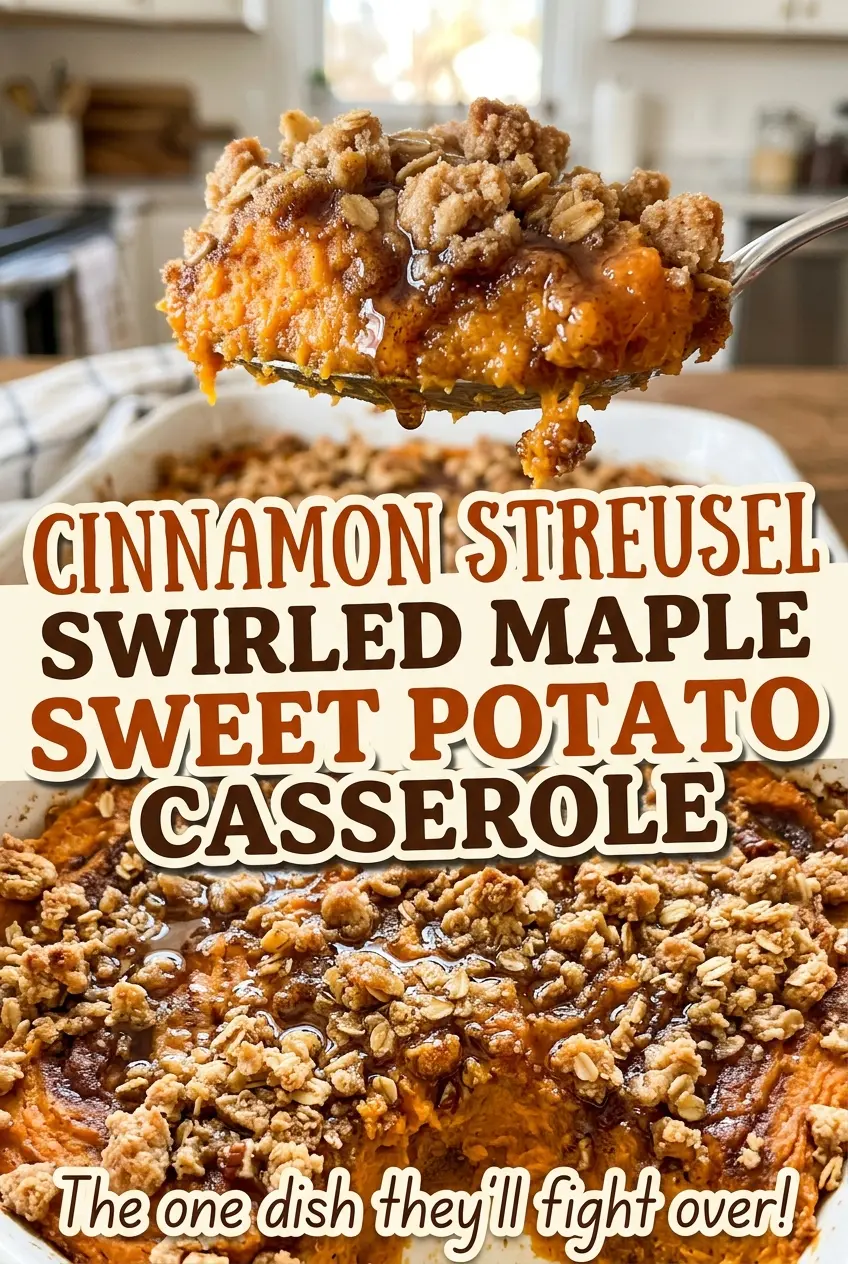 Cinnamon Streusel Swirled Maple Sweet Potato Casserole golden cinnamon topping