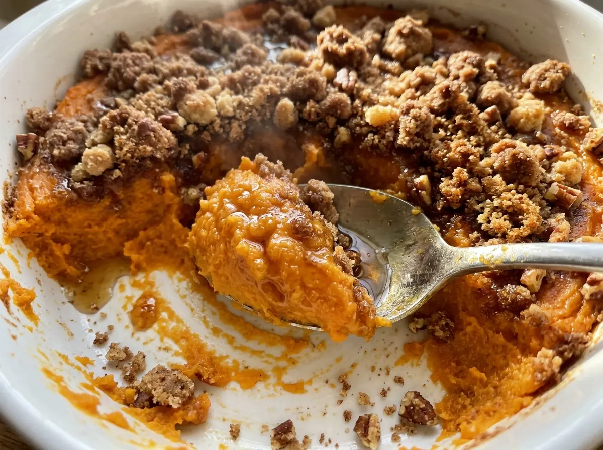 Cinnamon Streusel Swirled Maple Sweet Potato Casserole golden cinnamon topping