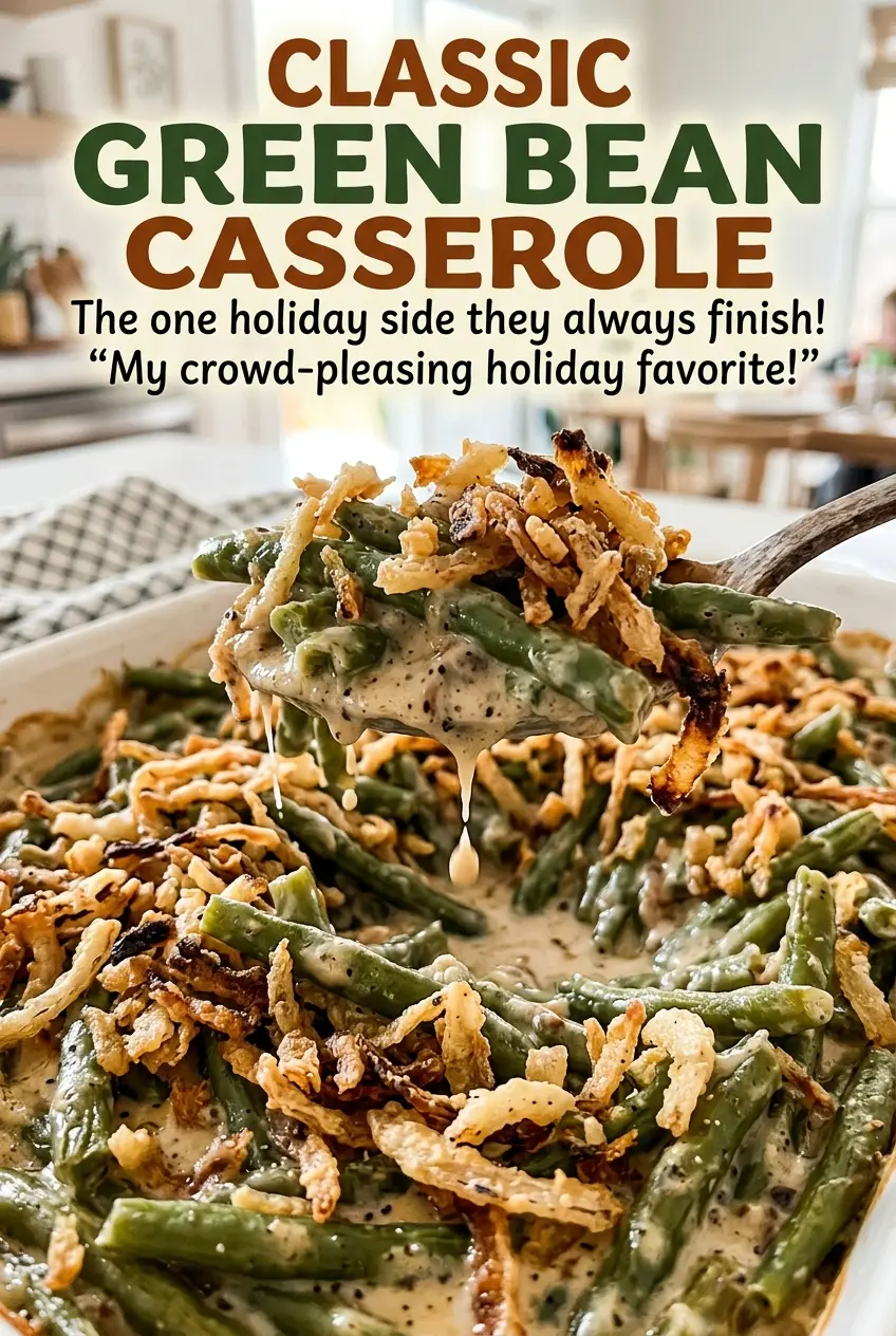 Classic Green Bean Casserole bubbling crispy topping