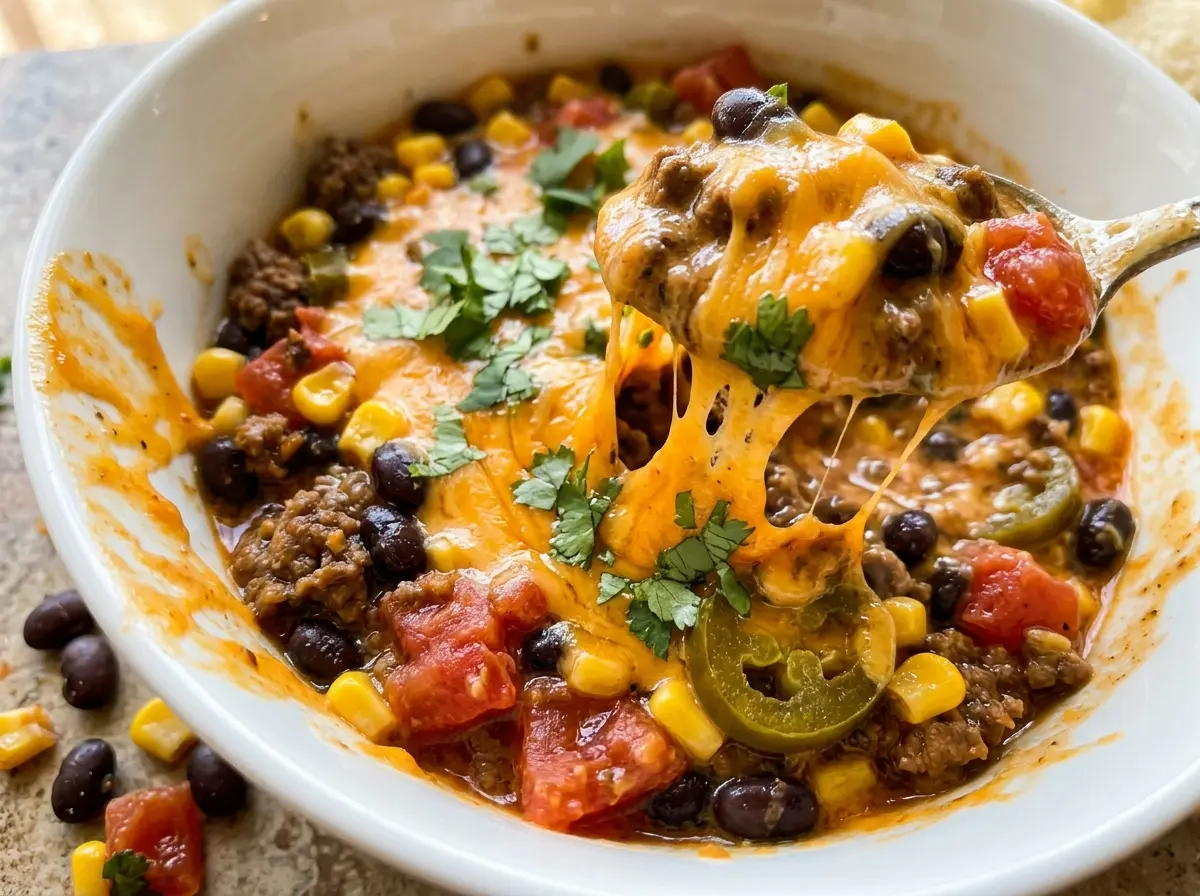 Cowboy queso dip beefy cheesy skillet
