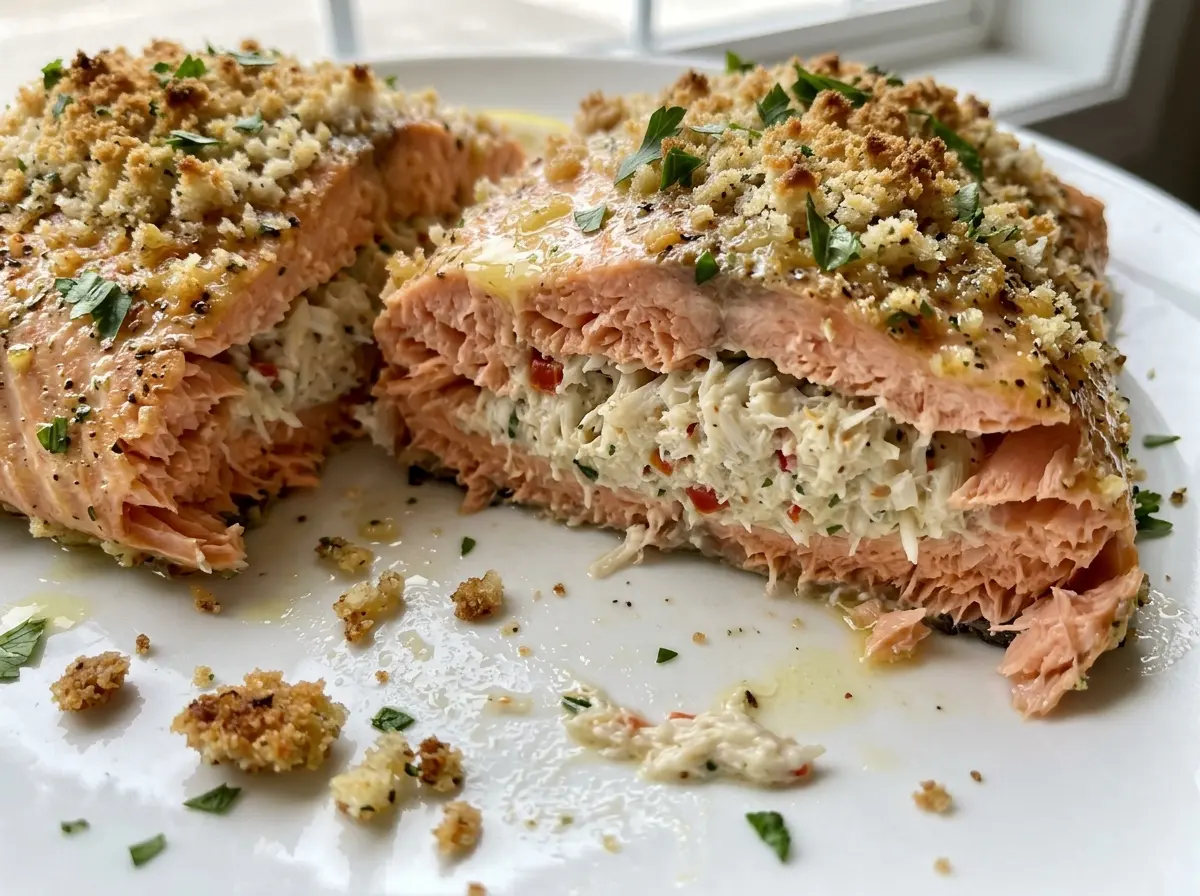 Crab stuffed salmon with savory crab filling