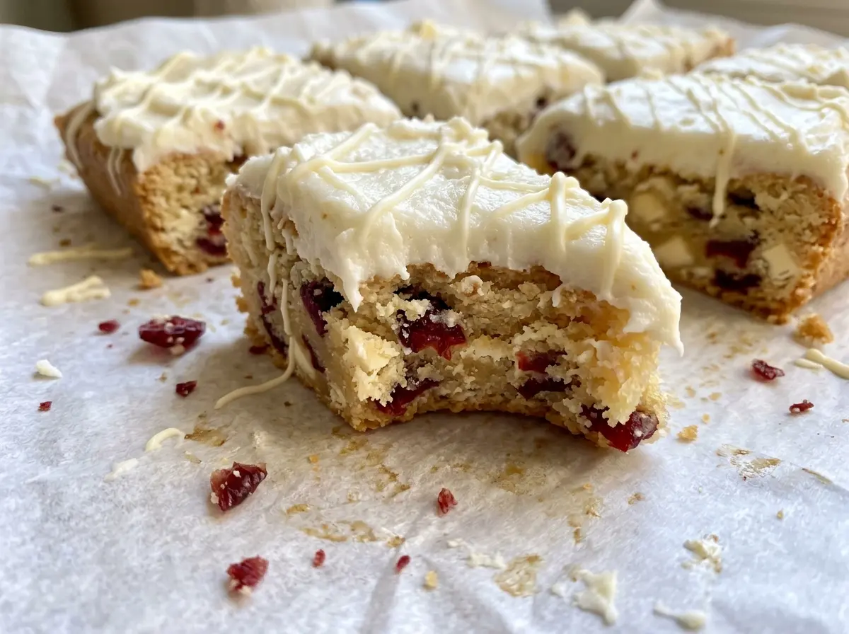 Cranberry Bliss Bars frosted and drizzled