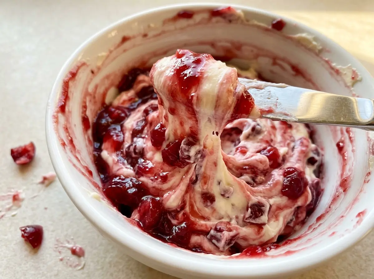 Cranberry Cream Cheese Spread with ruby cranberry streaks