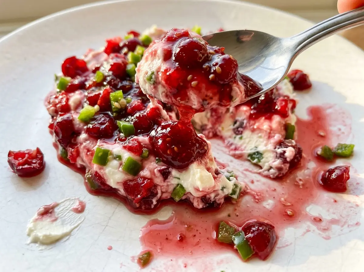 Cranberry Jalapeno Cream Cheese Dip with bright ruby topping