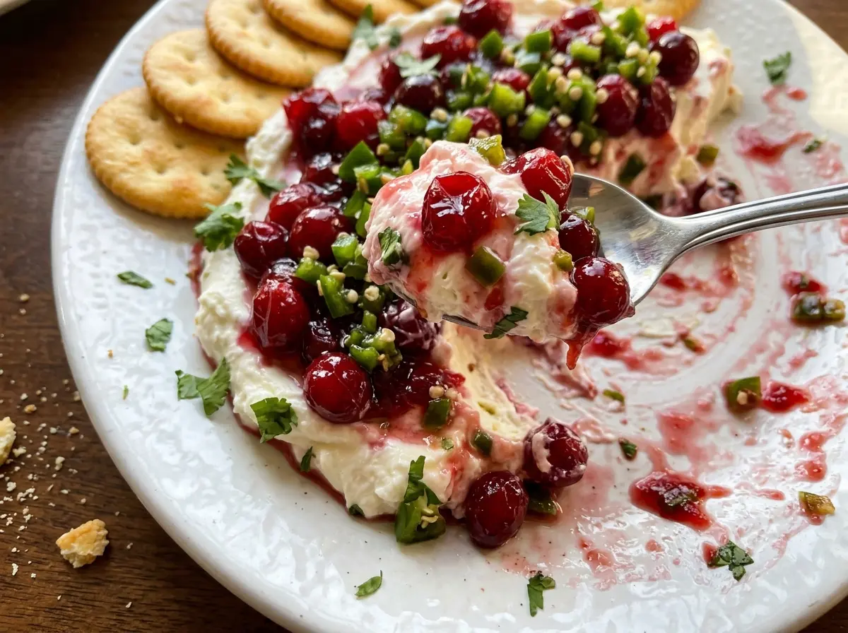 Cranberry Jalapeno Cream Cheese Dip, chunky and vibrant