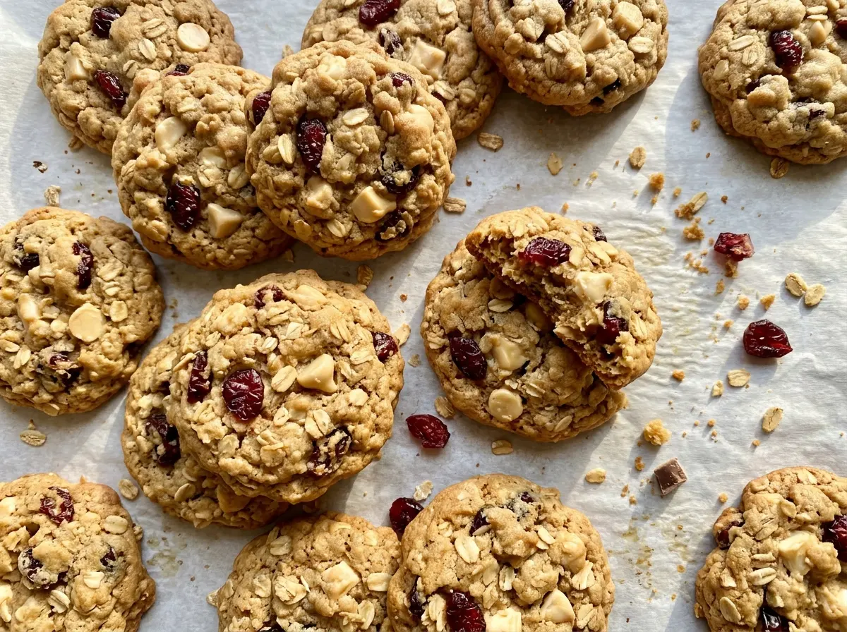 Cranberry Oatmeal White Chocolate Cookies with golden, chewy edges
