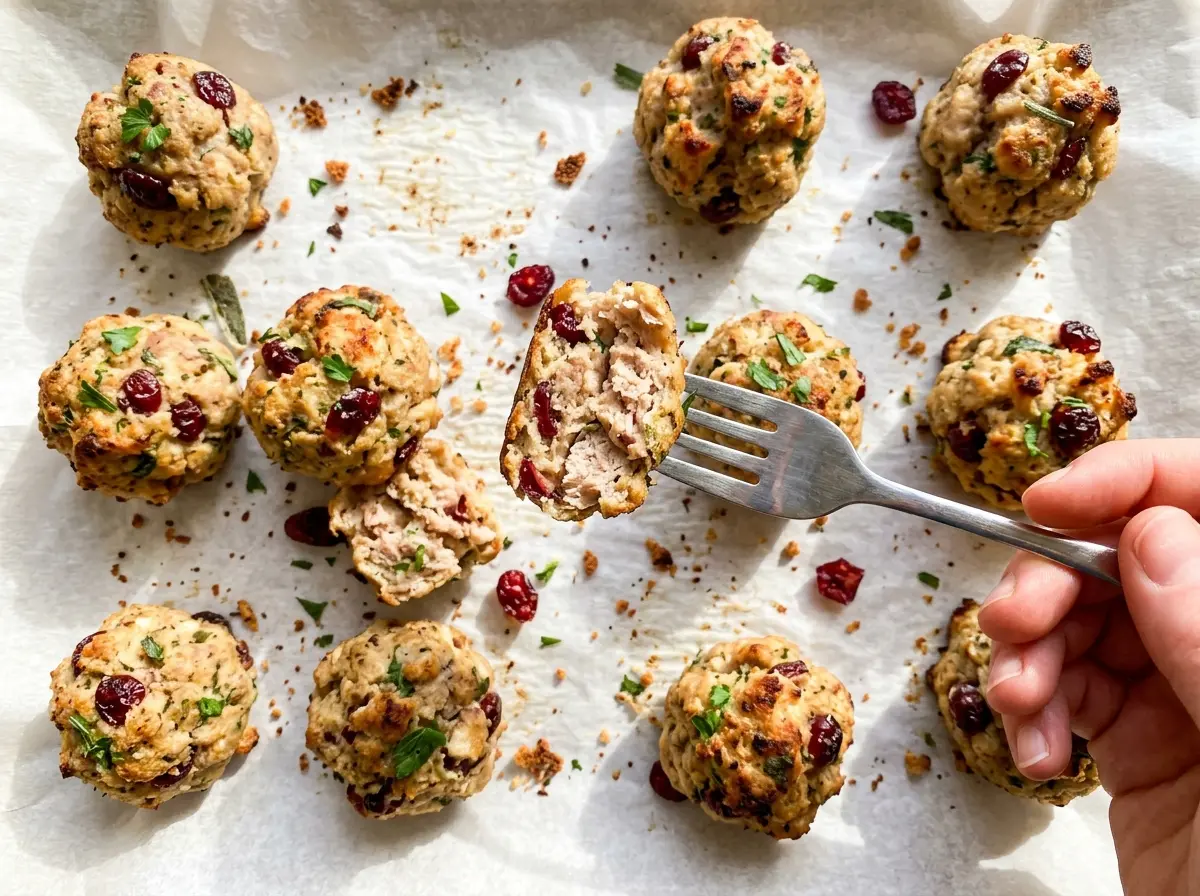 Cranberry Turkey Stuffing Balls with browned edges